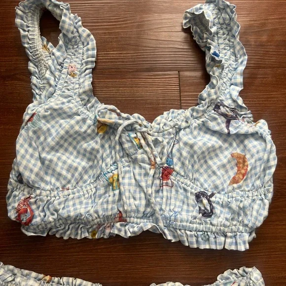 Anthropologie Blue Gingham Wide-Leg Lounge Pants & Top - Picture 4 of 6